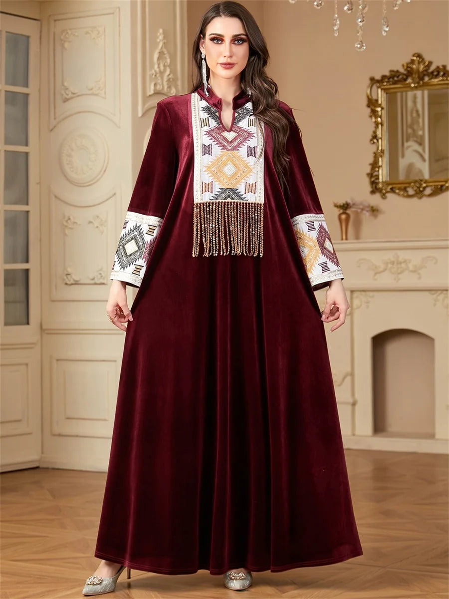 Siskakia Ramadan Muslim Notched Stand Collar Tassel Long Dresses For Women  Loose Elegant Kebaya Patchwork Sleeve Abayas.