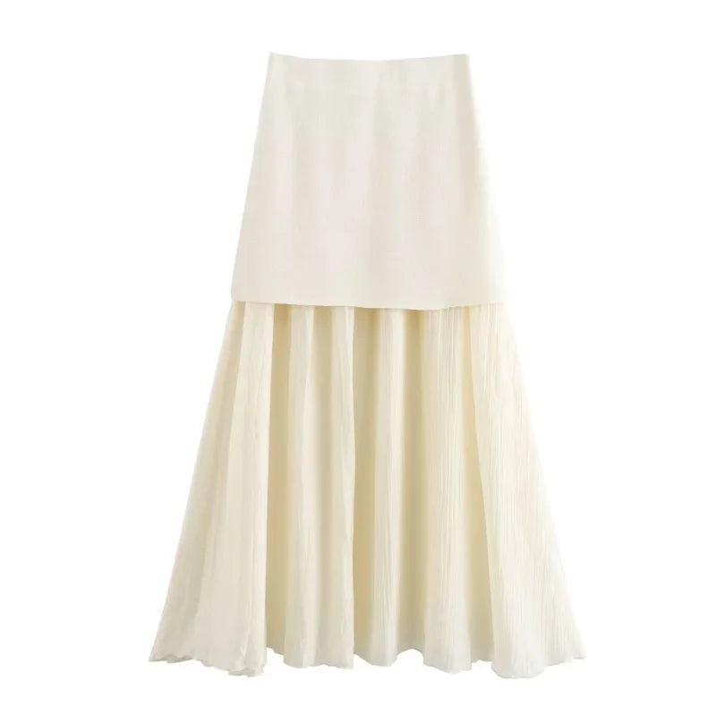ETJ 2025 spring new  women's elegant fashion same color splicing small pleated hem high waist knit skirt
