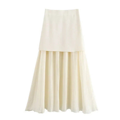 ETJ 2025 spring new  women's elegant fashion same color splicing small pleated hem high waist knit skirt