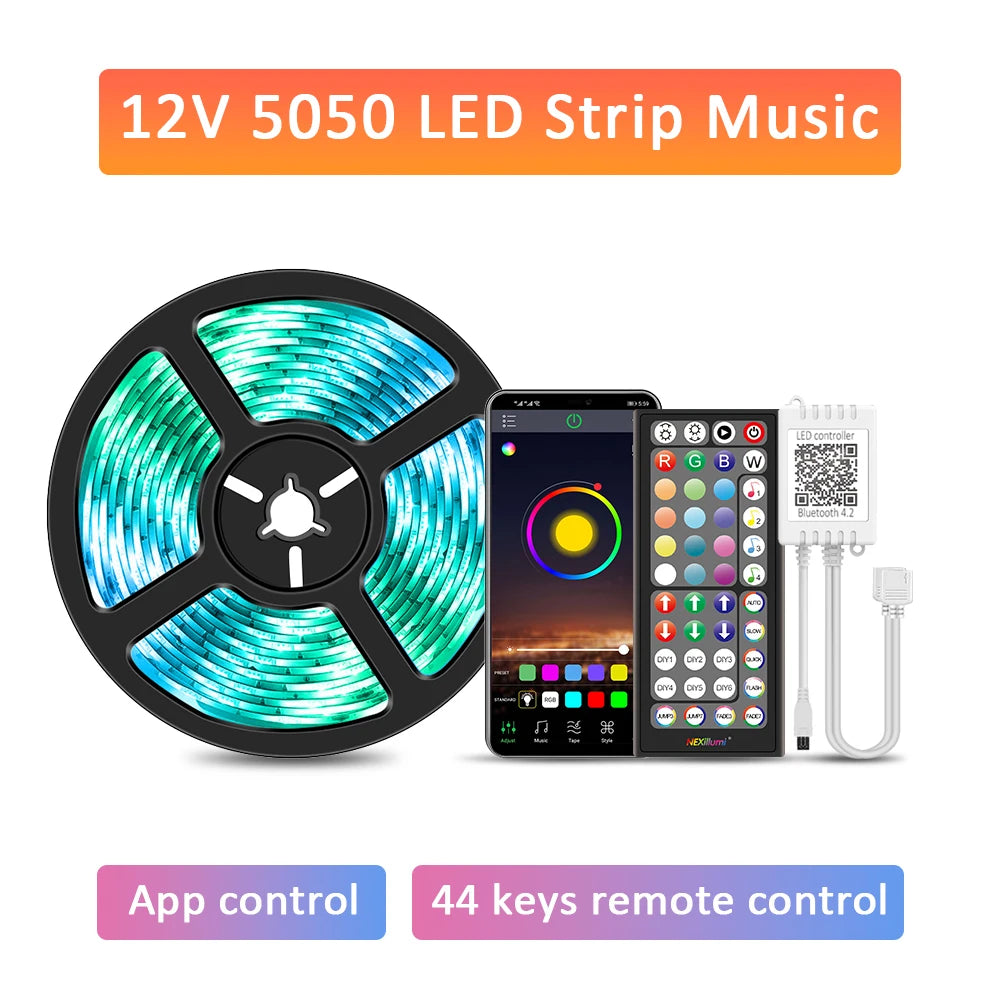 LED-Streifenlicht RGB 5050, Musiksynchronisierung, Farbwechsel, empfindlich, integriertes Mikrofon, App-gesteuerte LED-Leuchten, 5 m, 10 m, 15 m, DC12 V, flexibel