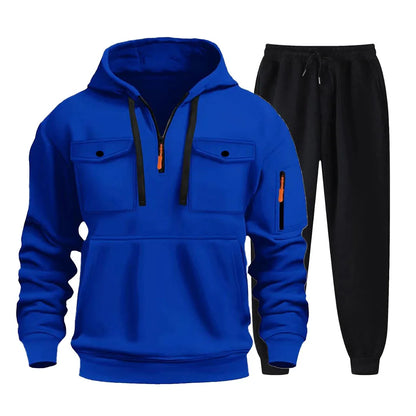 2025 new autumn/winter men's multi pocket zipper hooded sweatshirt+sports pants two-piece jogging and leisure fitness suit set.