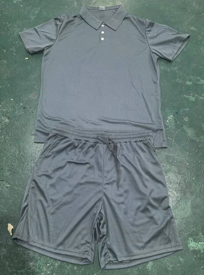 2025 Men's casual sports mesh set, summer T-shirt fashionable, comfortable and breathable lapel beach two-piece set.