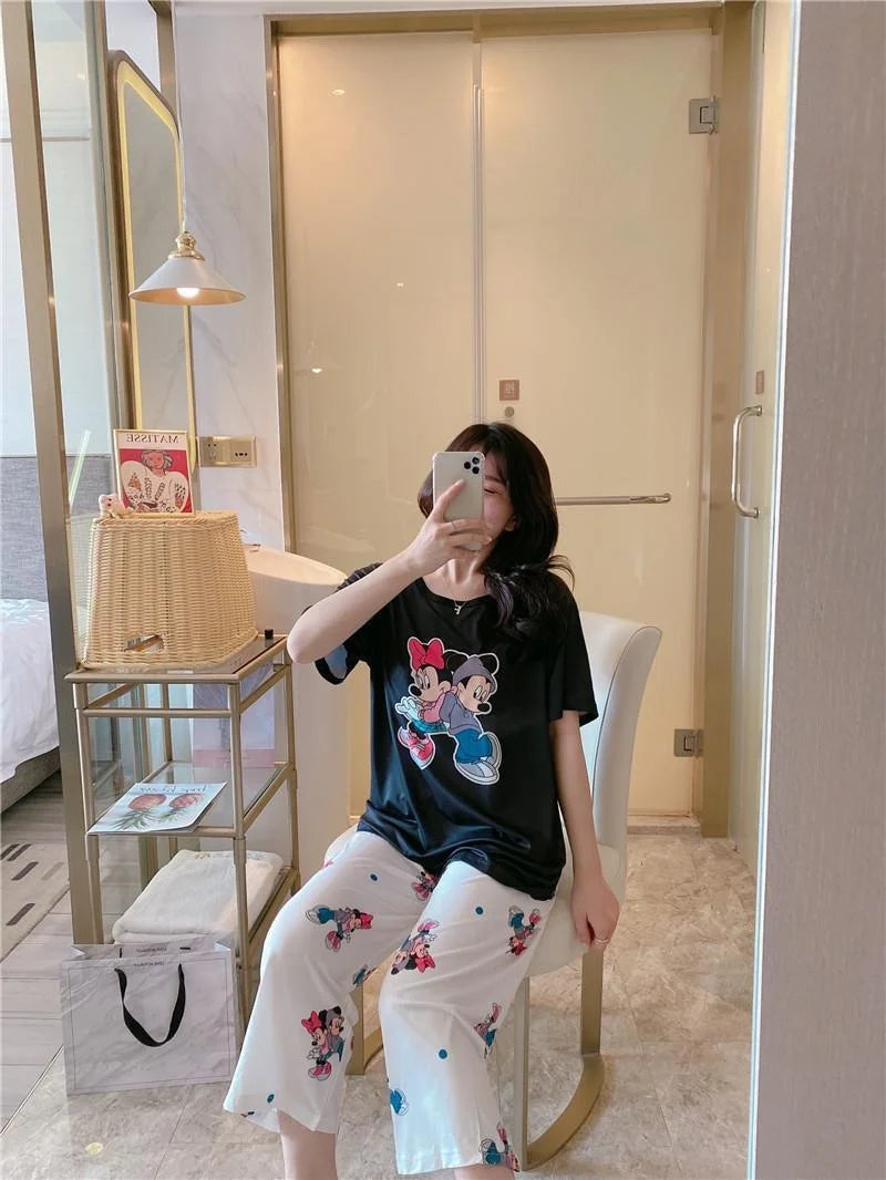 Sommer Pooh Bär Nachtwäsche frauen Lose Bequeme Cartoon Print Hause Kleidung Set Kurzarm Nachthemd Mickey Pyjama Set