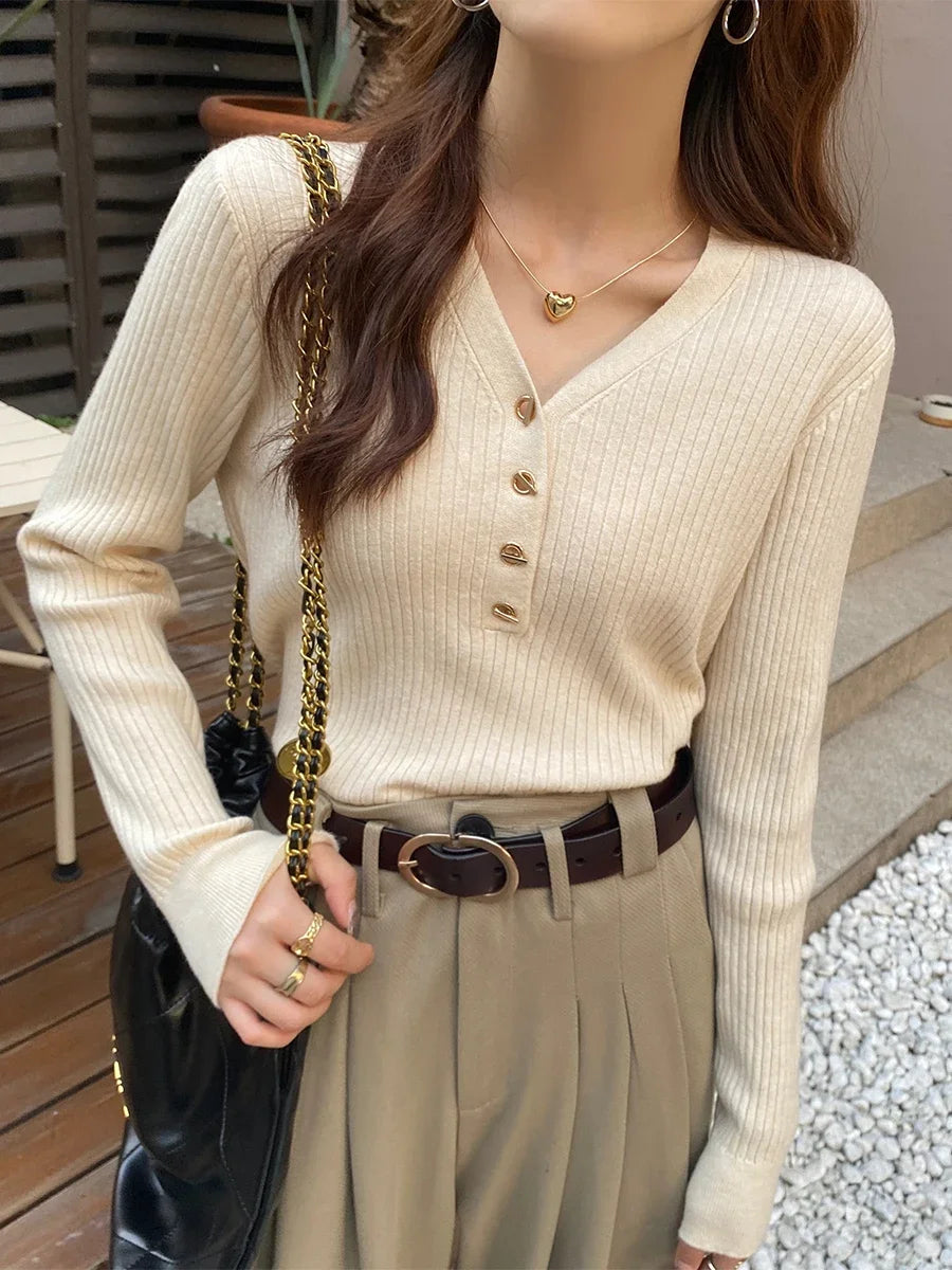 2023 herbst Winter Frauen Pullover Beiläufige Dünne Taste Gestrickte Pullover Pullover Femme Grundlegende Solide Jersey Tops Mode Kleidung