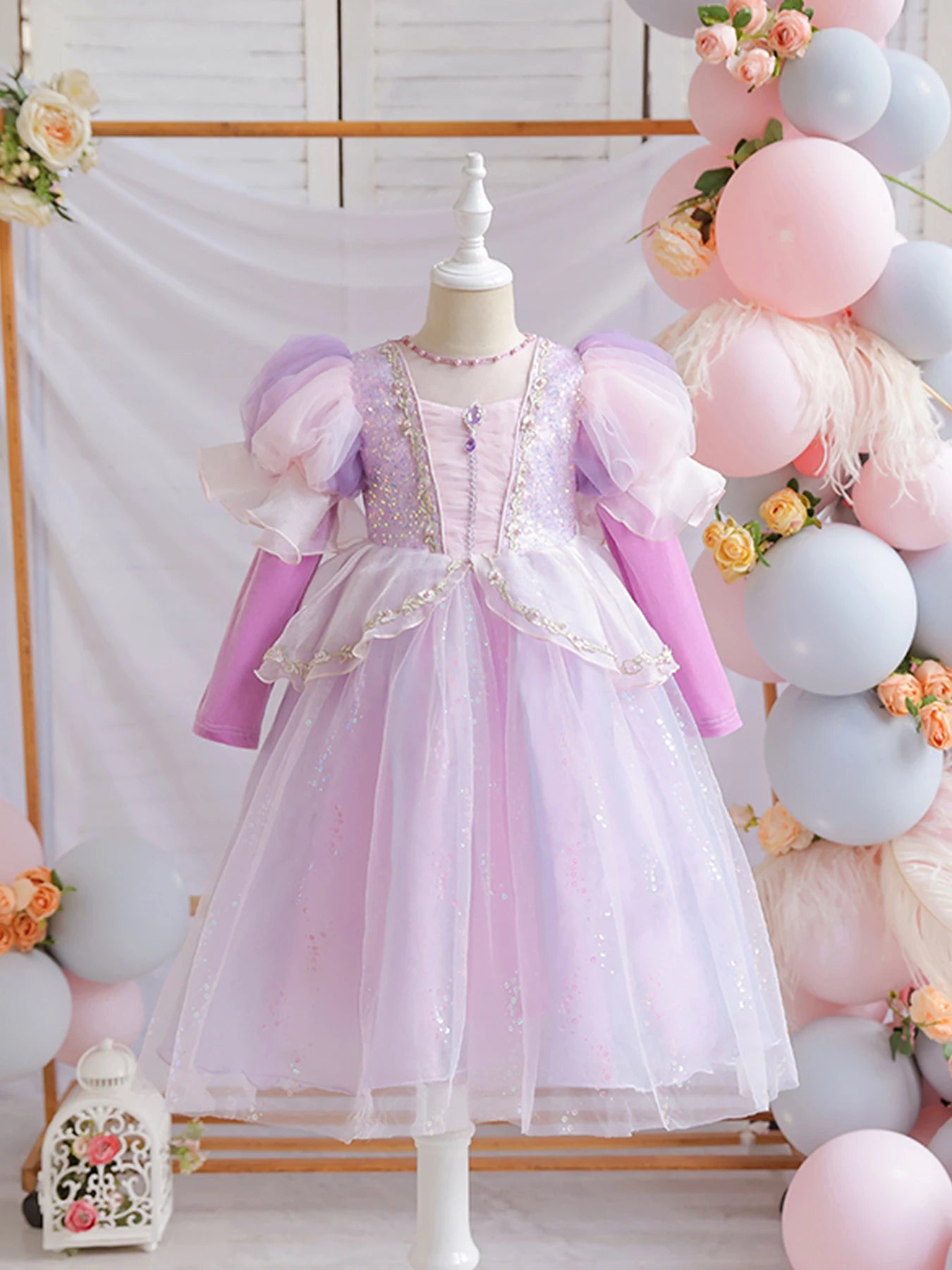 Wunderschönes Mädchenkleid, Puffärmel + lange Ärmel, Netzbedeckung, geeignet für Tänze, Partys, Auftritte, Host-Verkleidung