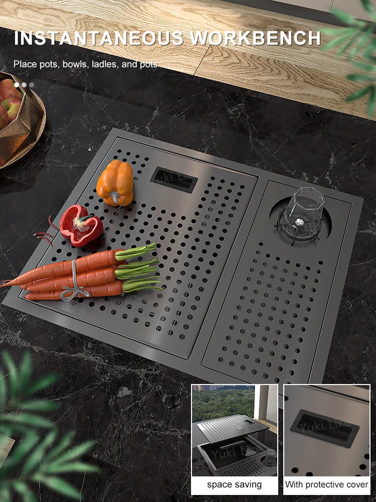 Versteckte Küchenspüle aus Edelstahl, Unterbau, Mini-Einzelschlitz, klein, multifunktional, für Wohnmobile, Café, Bar, Waschbecken mit Deckel, Gartenbalkon