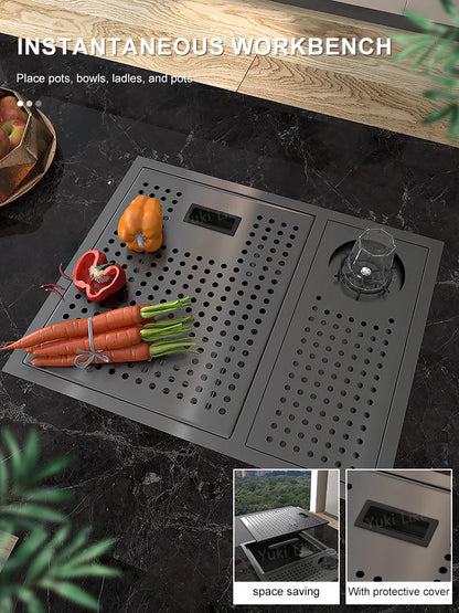 Versteckte Küchenspüle aus Edelstahl, Unterbau, Mini-Einzelschlitz, klein, multifunktional, für Wohnmobile, Café, Bar, Waschbecken mit Deckel, Gartenbalkon