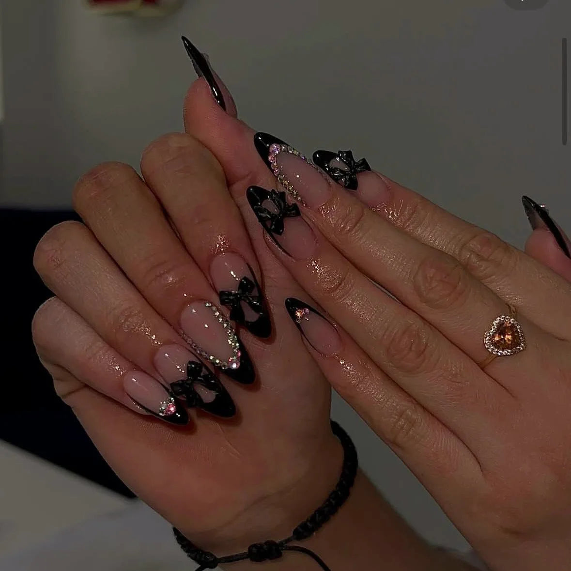 24Pcs False Nails Spicy Girl Silver Bow with Diamond Fake Nails with Glue Almond Press on Nails Black Cool Y2k Almond Nail Set