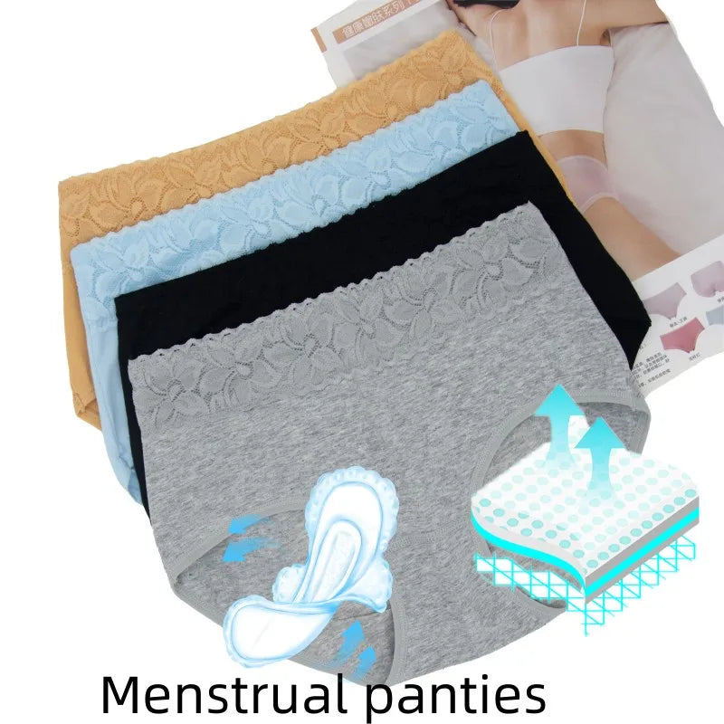 3 Pcs Women's Cotton Briefs Menstruation Underwear Leak Proof Sanitary  With Menstrual Bamboo Fancy Low Waist Slimming Panties.