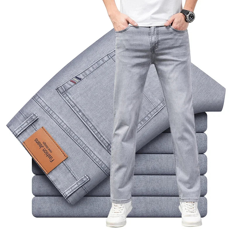 Summer Thin Men's Elastic Cotton Jeans Fashion Gray Comfortable Business Straight Casual Pants Brand Male Clothes Trousers.