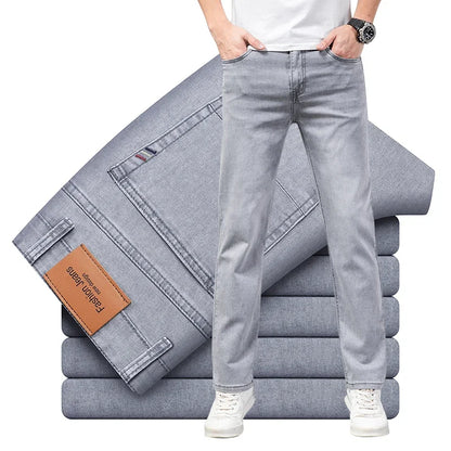 Summer Thin Men's Elastic Cotton Jeans Fashion Gray Comfortable Business Straight Casual Pants Brand Male Clothes Trousers.