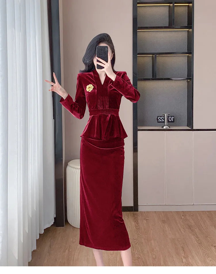 VigoAnne 2025 Solid V Neck Velvet 2 Piece Set Woman Long Sleeve High Waist Skirt Suits Lady Spring Autumn Korean Long Dress Suit.