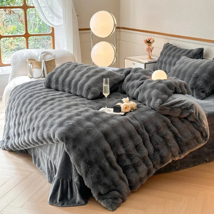 2024 new solid color colorful rabbit wool four-piece set, one side of rabbit fur and one side of milk wool thickened warm