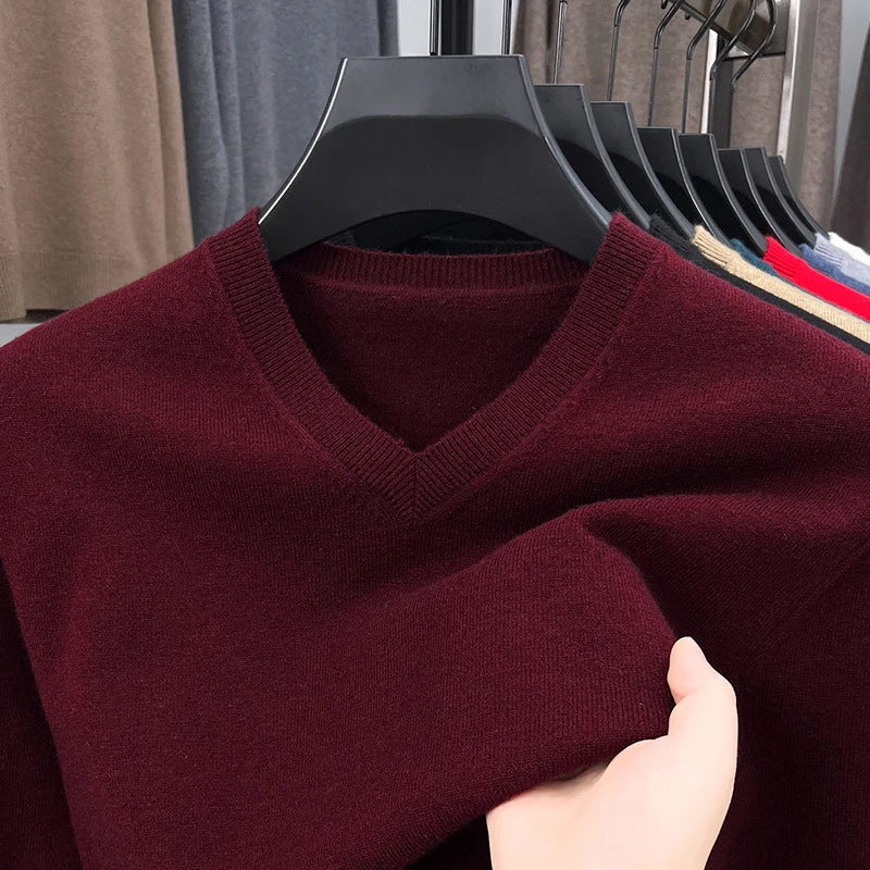 New Sweatwear Men's V Neck Basic Solid Color Sweaters Round Neck Elastic Pullovers Warm Autumn Knitted Oversized Sweater Men.