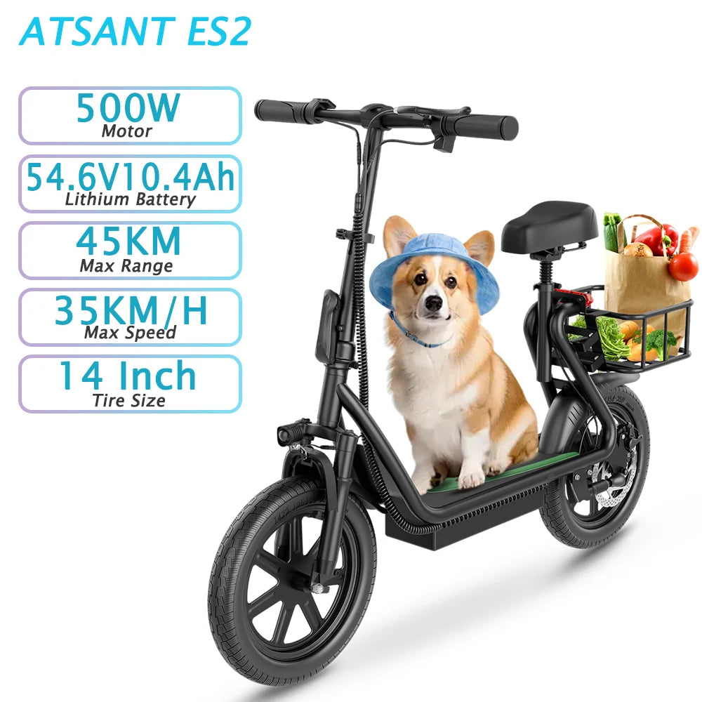 2025 New ATSANT ES2/ES2 PLUS Electric Scooter with Seat 500W 35KM/H 54.6V10.4/22.5Ah 45/100KM 14Inch Tyres With Smart APP EBlike