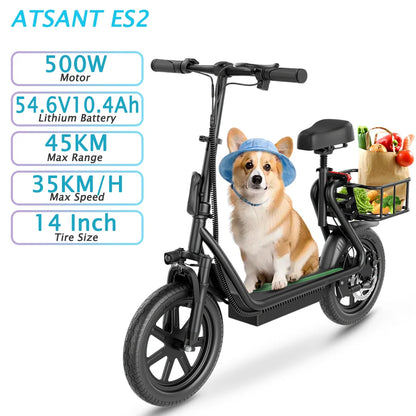 2025 New ATSANT ES2/ES2 PLUS Electric Scooter with Seat 500W 35KM/H 54.6V10.4/22.5Ah 45/100KM 14Inch Tyres With Smart APP EBlike