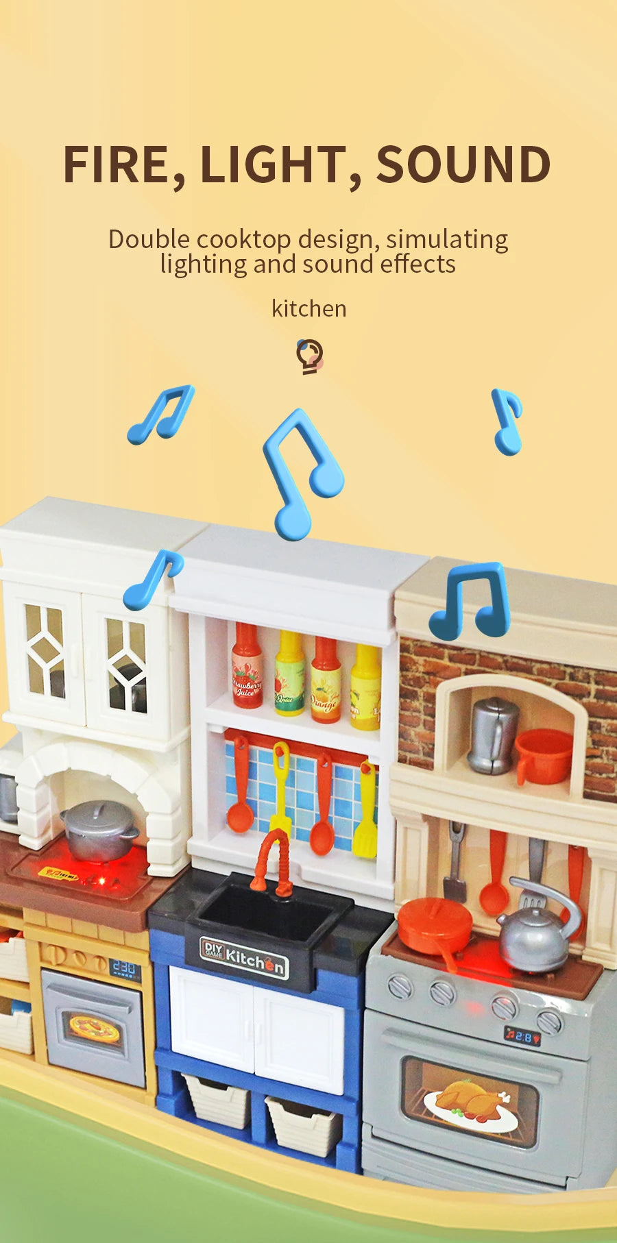 DIY Kid Play House Simulation Kitchen Pretend Toys Kitchenware Lighting and Sounds Cooking Game Set Children Fun Educational Toy.