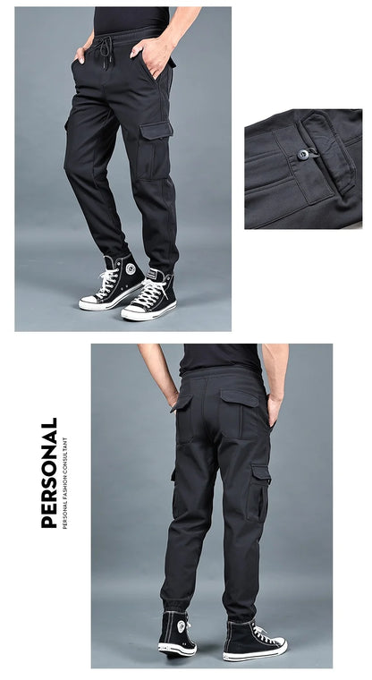 Autumn and winter loose ankle multi pocket work pants for men, winter oversized sports pants, trendy brand with plush and thick.
