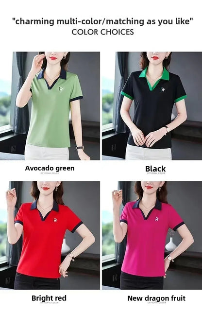 Loose Fit Casual Short Sleeve Turn-down Collar T-shirt for Middle-aged Women Summer New Style plus Size Sportswear Top.
