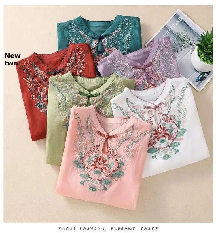 Retro Chinesischen Stil Lose Fit Baumwolle Leinen Kurzarm Shirt frauen Sommer Schwere Stickerei Abnehmen Top Flagge Kleid.