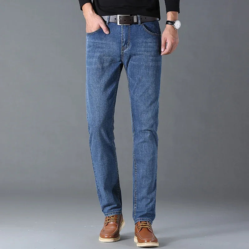 Spring Autumn Business Men Jeans Casual Straight Stretch Fashion Classic Black Sky Blue Grey Work Denim Trousers Brand Clothing.