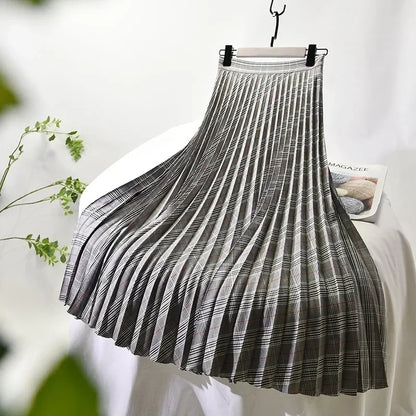 Looks Thin Pleated Skirt 2025 New High Waist A-line Skirt Mid-length Big Size Plaid Skirt Long Pleated Skirt Length 75-90cm