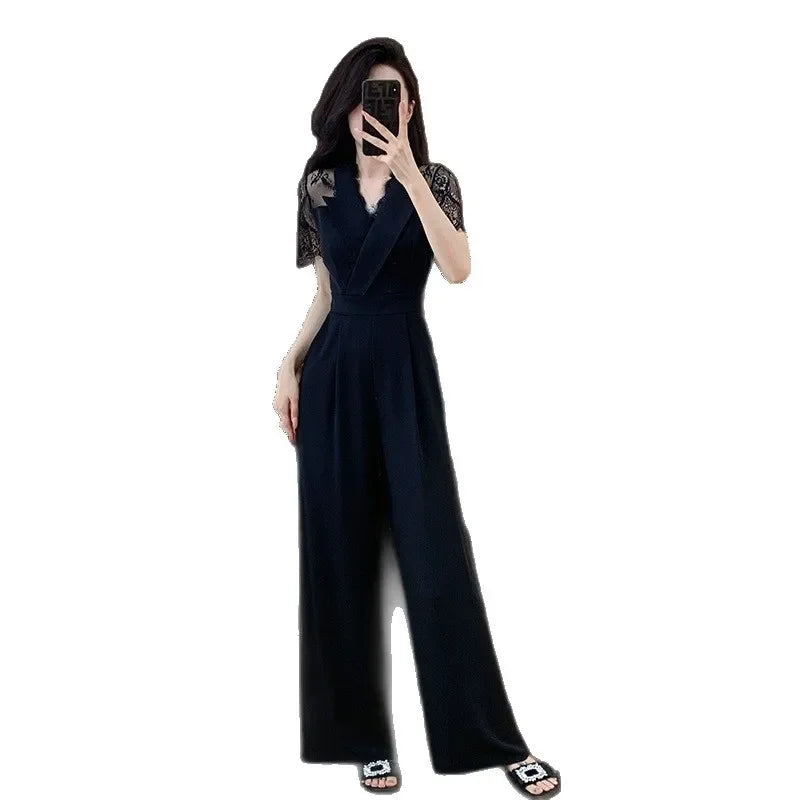 LYX High-Cold Lady Style Romper Women Summer Short Sleeve High Waist Lace Splicing Hollow out One-Piece Straight Leg Pants.