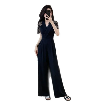 LYX High-Cold Lady Style Romper Women Summer Short Sleeve High Waist Lace Splicing Hollow out One-Piece Straight Leg Pants.