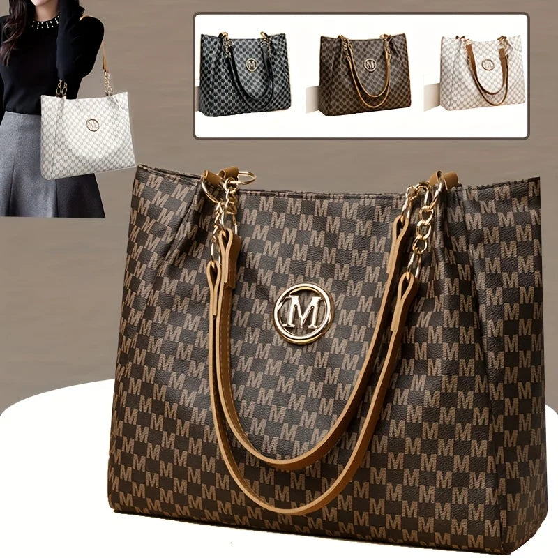 Vintage Geometric Tote Bag Synthetic Leather Letter "M" Design for Women Handbag Shoulder Bag Large Capacity Shopping Travel Bag.