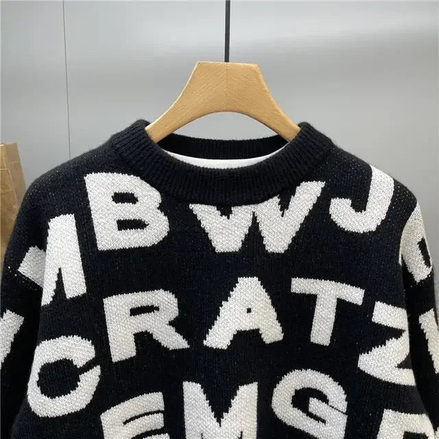 Sweater Men's Clothing Winter Full-print Letter Jacquard Loose Thickened Design Round Neck Top Trendy American Style Sweater.
