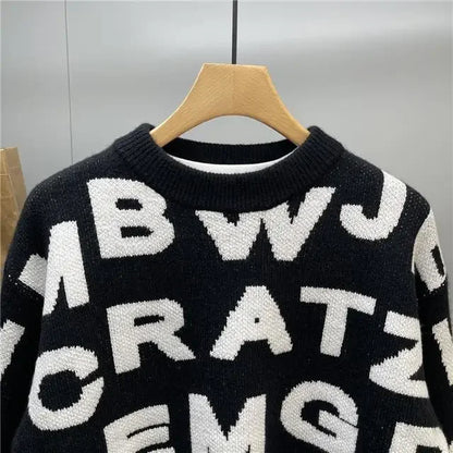 Sweater Men's Clothing Winter Full-print Letter Jacquard Loose Thickened Design Round Neck Top Trendy American Style Sweater.