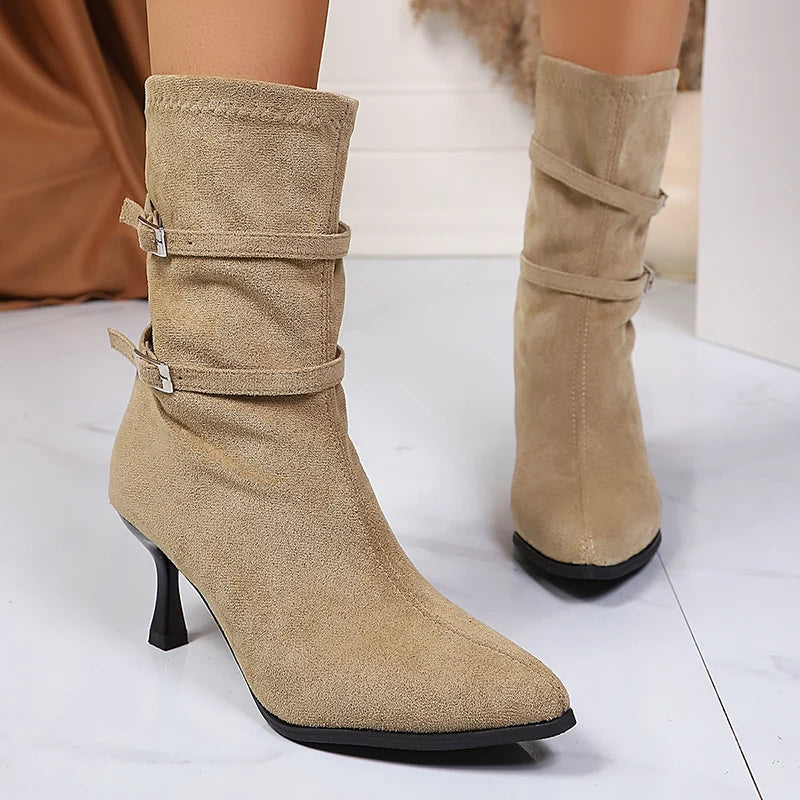 Pointed Toe High Heel Ankle Boots Women Fashion Buckle Decor Stiletto Heel Boots Woman Autumn Winter Slip On Short Booties Mujer.
