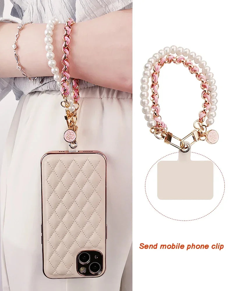 26cm Leather Pearl Camellia Mobile Phone Charm Bracelet Chain Anti-lost Universal Cell Phone Strap Rope Pendant Metal Key Chain.