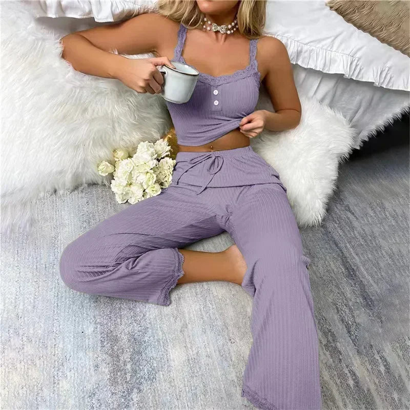 Zweiteiliges Pyjama-Set für Frühling und Sommer für Damen, Nachtwäsche, Spitzen-Hosenträger, Oberteile und lange Hosen, Pijamas, Loungewear.