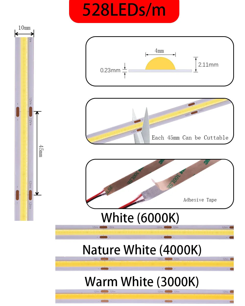COB-LED-Streifenlicht, hohe Dichte, lineare Beleuchtung, 480/528 LEDs/m, flexibles Band, warm, natürliches Weiß, Rot, Blau, Grün, Dekor, DC12/24 V.