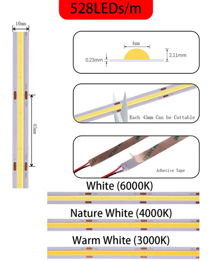 COB-LED-Streifenlicht, hohe Dichte, lineare Beleuchtung, 480/528 LEDs/m, flexibles Band, warm, natürliches Weiß, Rot, Blau, Grün, Dekor, DC12/24 V.