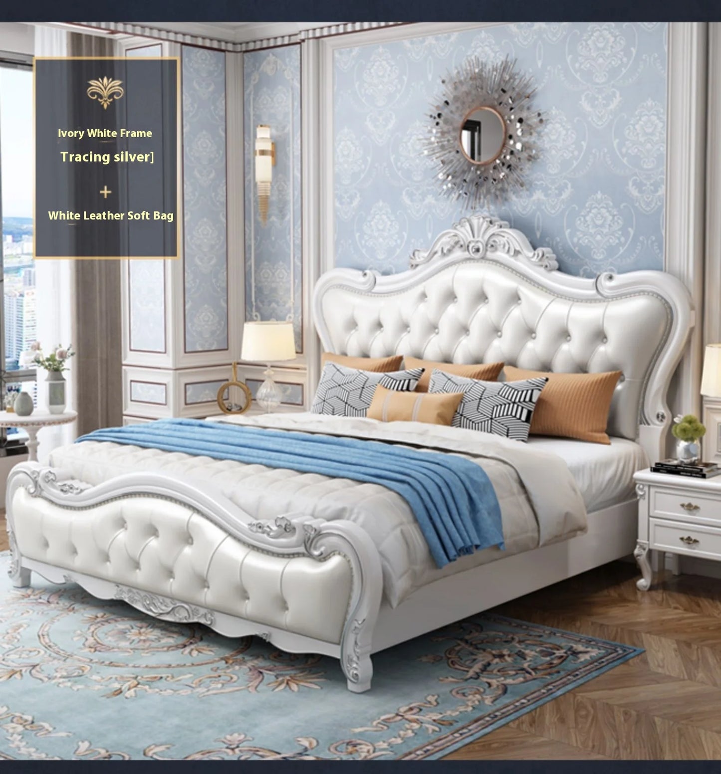 Europäisches Luxus-Doppelbett, modernes weißes King-Size-Doppelbett mit ästhetischem Rahmen, hochwertiges, schlafendes, beleuchtetes Deux-Tischmöbel für Schlafzimmer