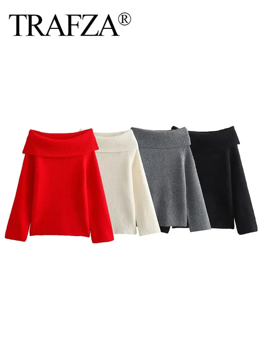 TRAFZA Frauen Fashion Solid Off Schulter Pullover Langarm Gestrickte Pullover Pullover Herbst Weibliche Casual Strickwaren Chic Top