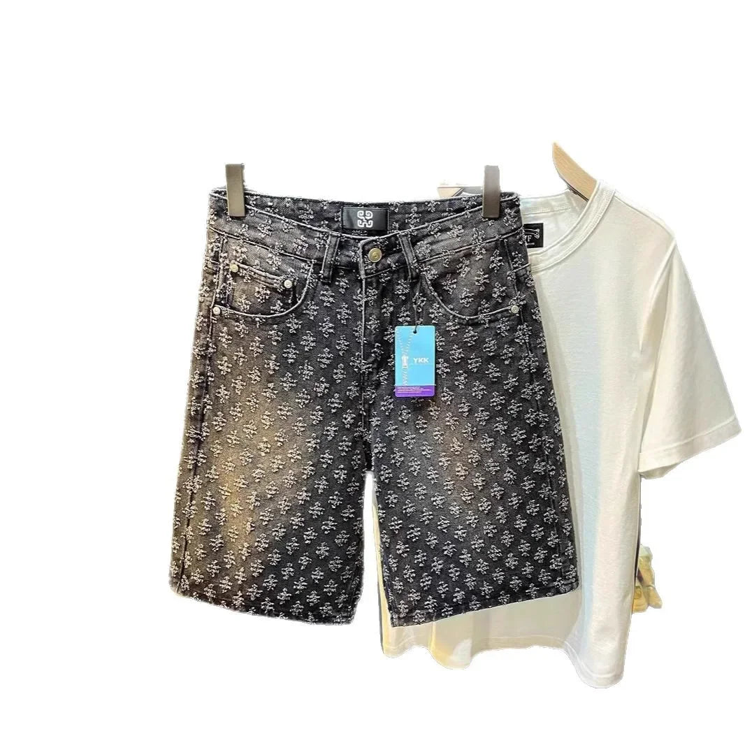 Retro American Casual Vintage Worn Short Jeans Men Straight Loose High Street Five-Point Pants Summer 2025 Distressed Denim.