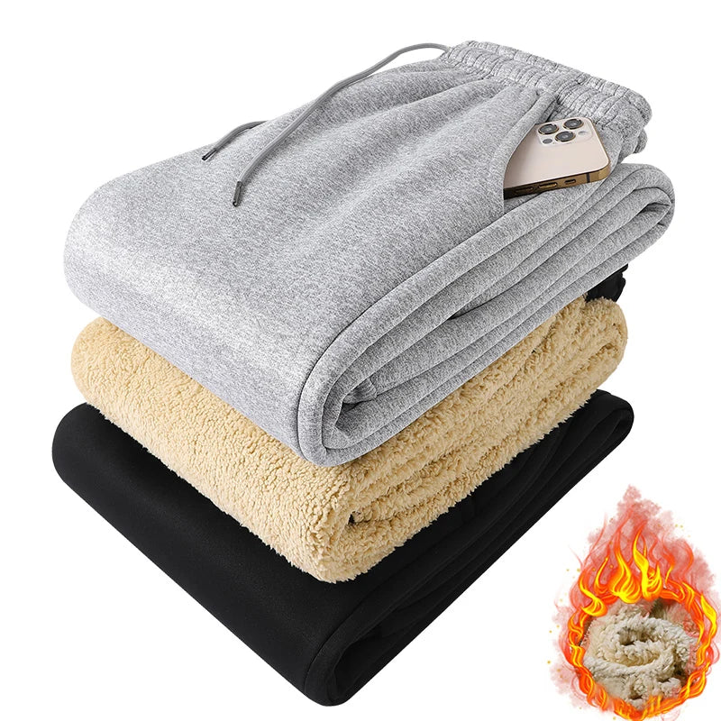 Pants for men in autumn and winter, thickened with fleece for outerwear, casual pants, warm lamb wool sports sweatpants.