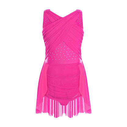 Kinder Mädchen Ärmellose Ausschnitt Strass Eiskunstlauf Trikot Kleid Lyrical Dance Gymnastik Akrobatik Leistung Kostüm