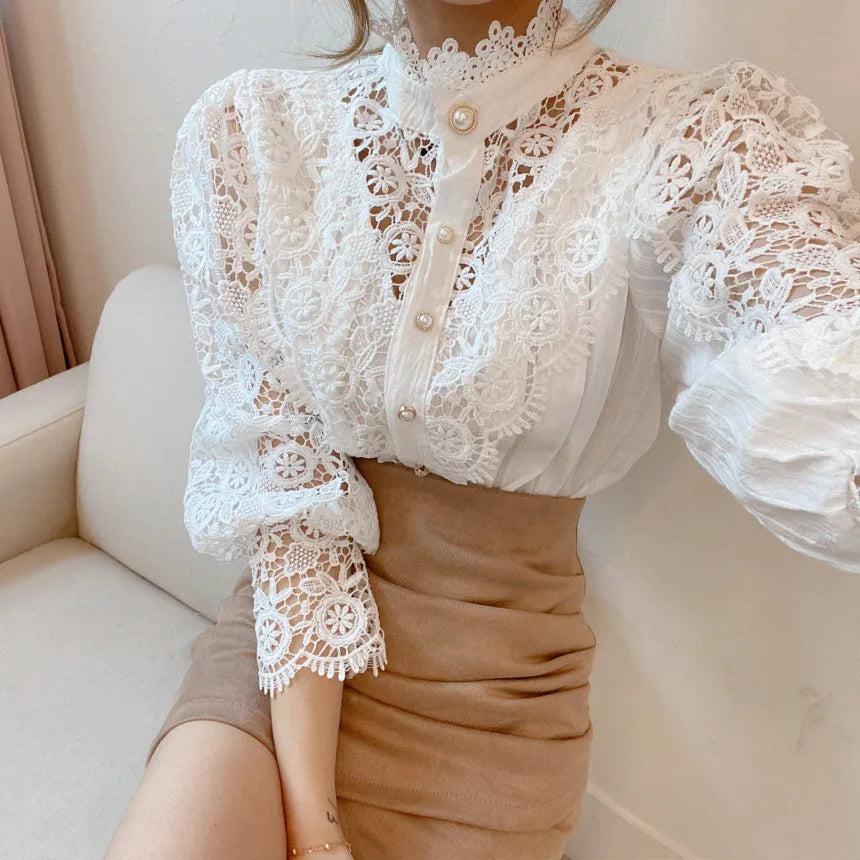 Fashion Long Sleeve Women Blouse Hollow Out Lace Blouse Shirt Tops Women Blusas Mujer De Moda 2024 Blouses Femme Women Shirts.