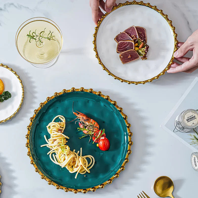 Ceramic Western Dinner Plate Phnom Penh Creative Green Relief Sculpture Steak Dessert Dish Meal Snack Fruit Salad Flat Plate.