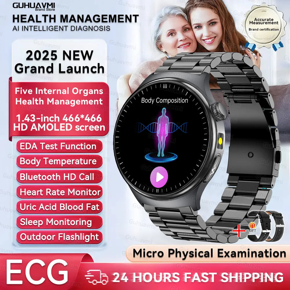 1.43'' HD Sapphire Smart Watch Bluetooth Call Blood Fat Uric Acid Heart Rate Body Analysis Five Organs Health Smartwatch Men Wom