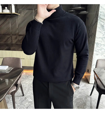 Korean Fashion Autumn Winter Sweaters Men Pullovers Fleece Turtleneck Knitted Sweatshirt Warm Bottoming Shirts.