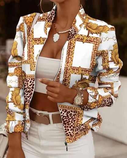Mode Frauen Jacken Dünne Kurze Mäntel Herbst Vintage Print Lange Sleeve Zipper Dünne Jacke 2024 Casual Oberbekleidung Weibliche Jacke