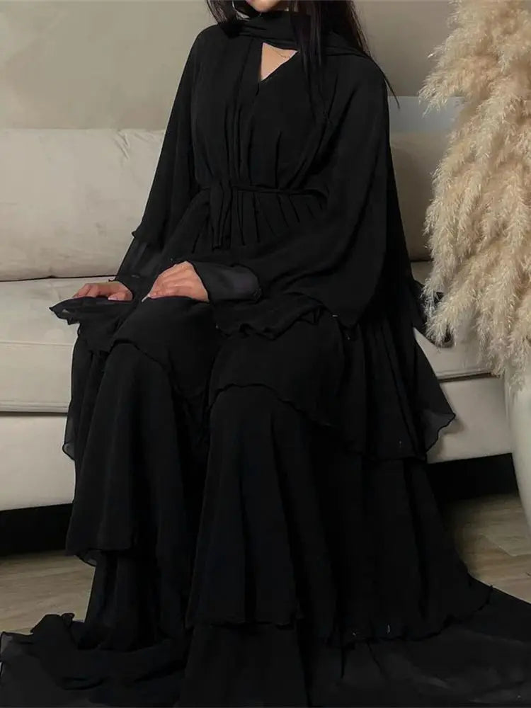 Summer Open Chiffon Khimar Kimono Abaya Dubai Luxury 2024 Muslim Sets Modest Kaftan Hijab Dresses For Women Islam Kebaya Damen.