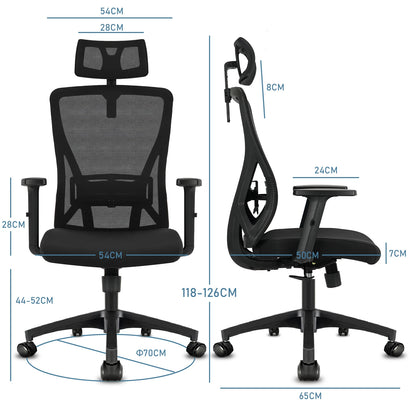 Durrafy Ergonomischer Bürostuhl, Bürostühle, Schreibtischstuhl mit verstellbarer Kopfstütze, Armlehnen, 150 kg Tragfähigkeit, Schwarz
