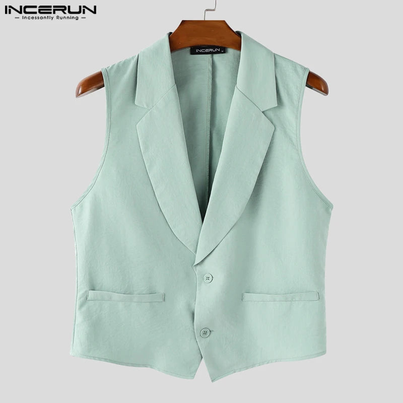 INCERUN Summer Men's Sets Solid Color Sleeveless Tops Tee Buttons Summer Long Pants Male Two-piece Suits Streetwear 2PCS S-5XL