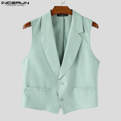 INCERUN Summer Men's Sets Solid Color Sleeveless Tops Tee Buttons Summer Long Pants Male Two-piece Suits Streetwear 2PCS S-5XL